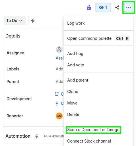 Jira actions menu with WDIScan.