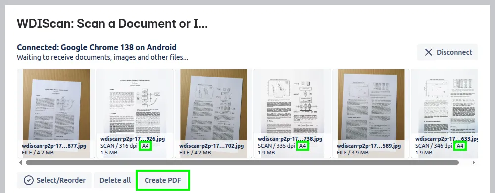 P2P scan create PDFs on the PC.