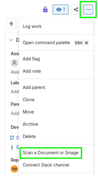 Jira actions menu with WDIScan.